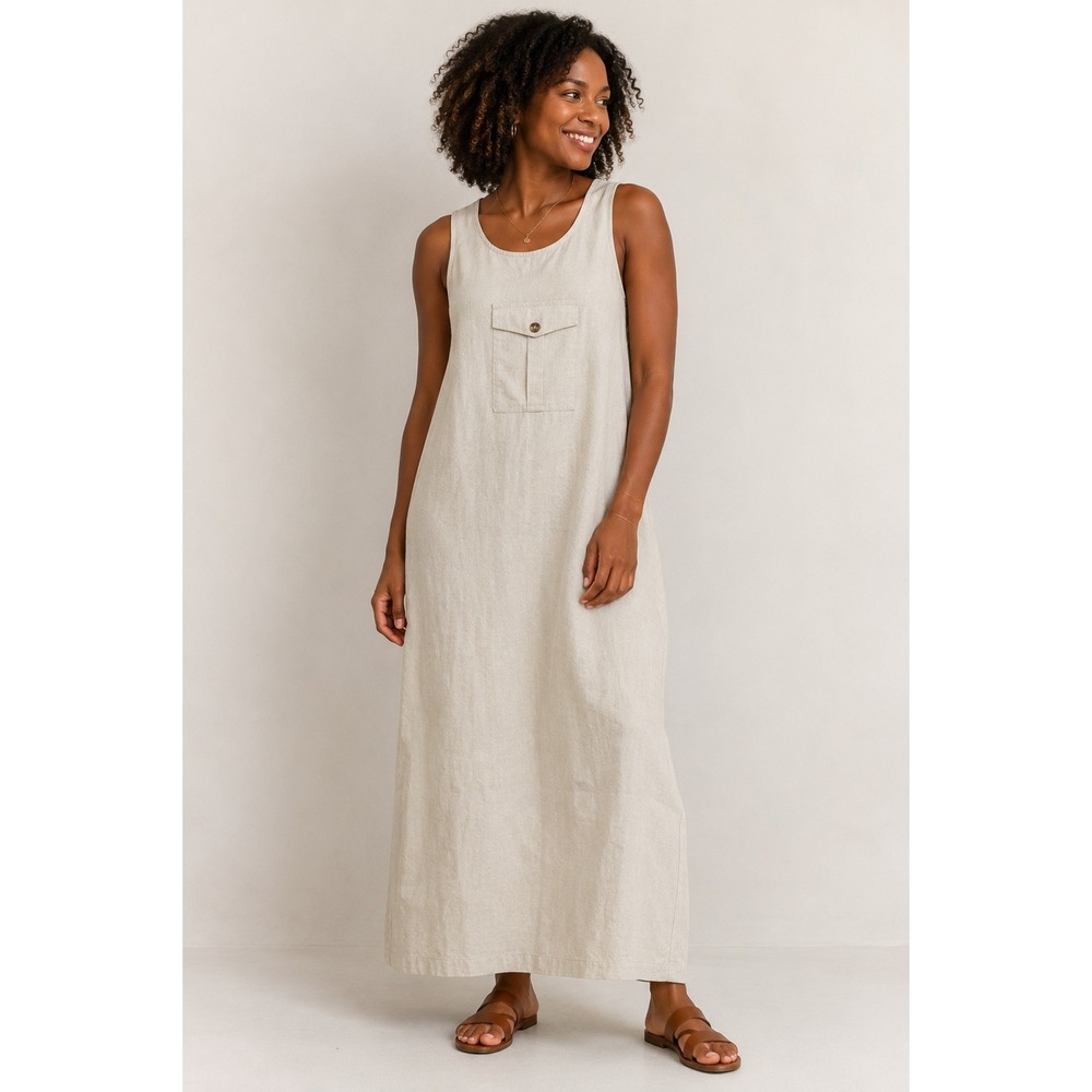 Crossroads Women Beige Linen Blend Sleeveless Pocket Front Shift Dress Size S